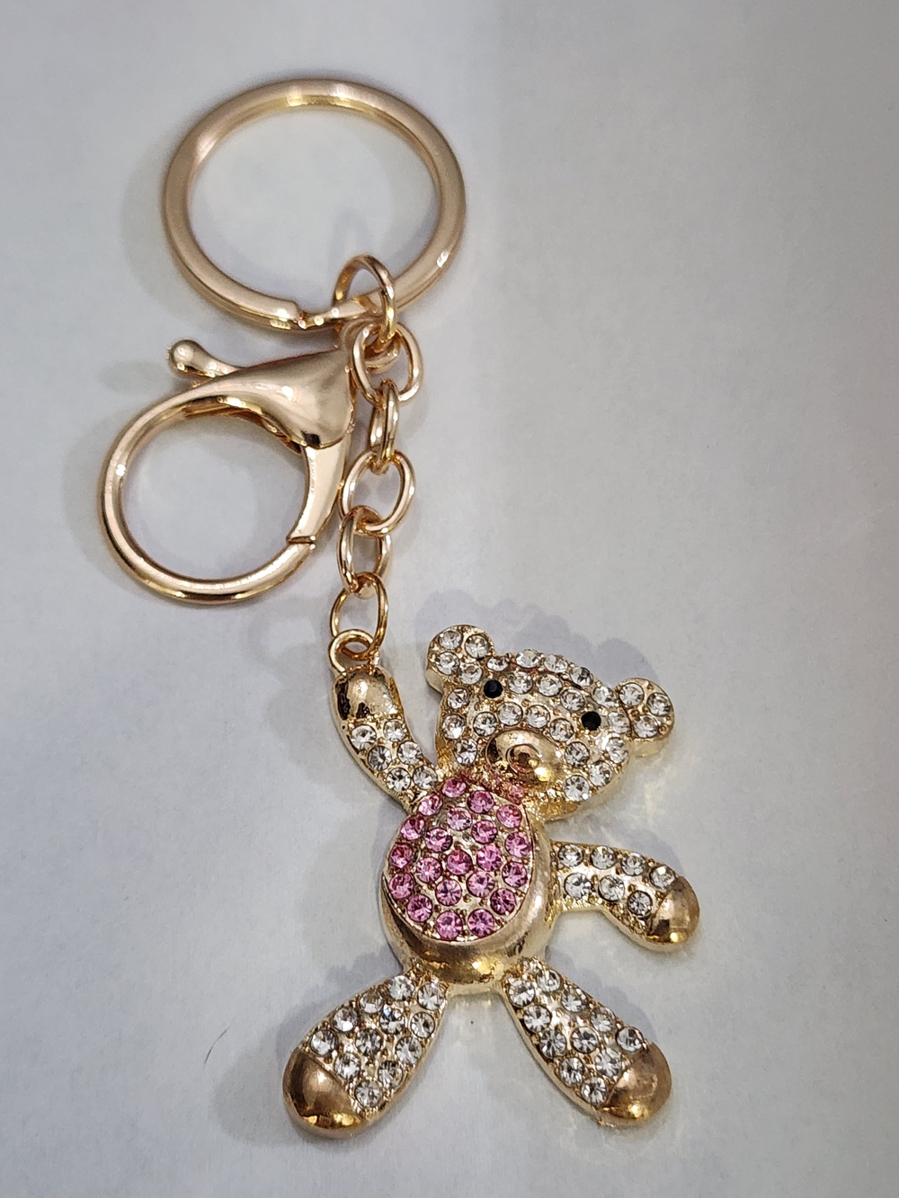 SOLD-Gold-tone Crystal Teddy Bear Keychain with Pink Belly-4×1